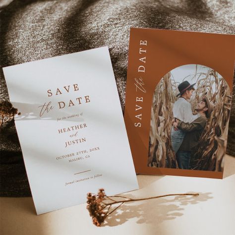 $2.97 | Terracotta Rust Burnt Orange Photo Save the Dates #calligraphy wedding, modern save the date, wedding save the date, save the date card, photo save the date, save the date photo, terracotta save the date, earthy, rust save the date, arch save the date Save The Date Boho, Minimal Layout, Orange Photo, Wedding Announcement Cards, Modern Save The Dates, Modern Minimalist Wedding, Photo Save The Date, Save The Date Photos, Simple Invitation