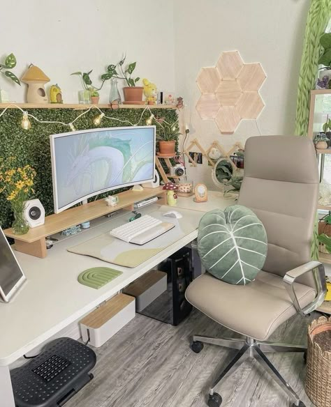 Computer Set Up Ideas, Cute Office Ideas For Work Business, Desk Set Up Artist, Studio Ghibli Office Decor, In Person Office Decor, Office Desk Decor For Work Cubicle Cozy, Cottage Core Gamer Setup, Pc Color Scheme, Aesthetic Work From Home Desk