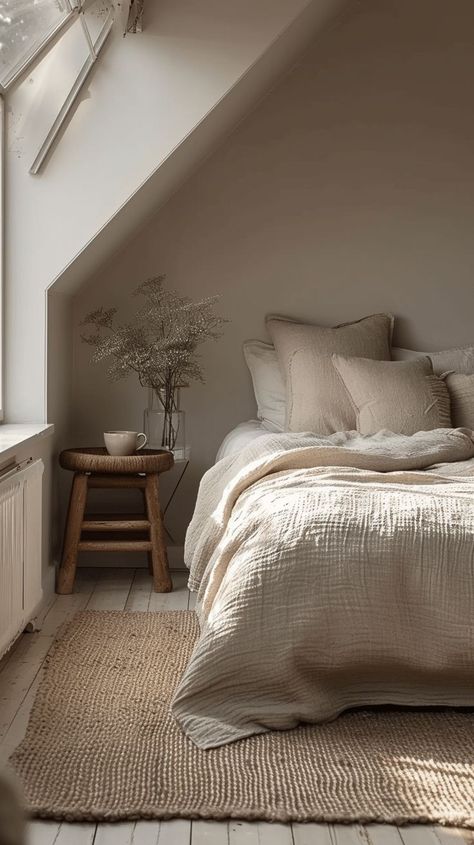 Cozy Bedding Aesthetic, Bedding Inspo Cozy, Linen Bedroom Ideas, Scandi Bedroom Ideas, Spare Bedroom Ideas Guest Rooms, Cottage Bedroom Design, Cozy Warm Bedroom, Retreat Aesthetic, Warm Bedroom Aesthetic