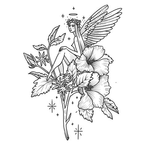 Flower Fairy | Ancient Indigo - Tattoos by Amanda Appiarius Indigo Tattoo, Tattoo Line Art, Fairy Tattoos, Garden Tattoos, Tattoo Line, Fairy Tattoo Designs, Fairy Tattoo, Custom Tattoo Design, Aesthetic Tattoo