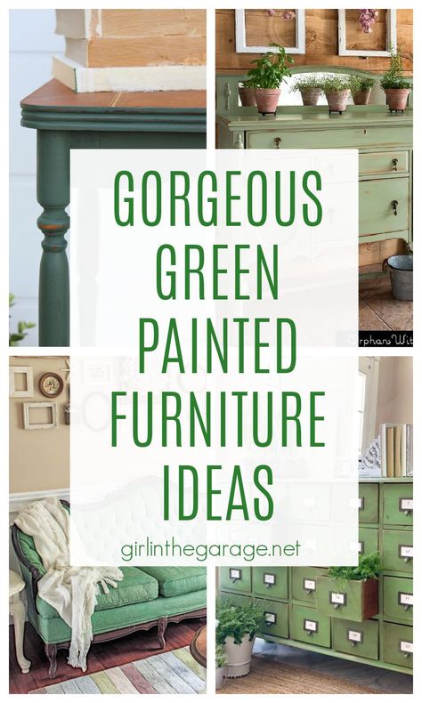 Learn how to paint an antique table green and see many more gorgeous green painted furniture ideas. By Girl in the Garage Sage Green Furniture, Mint Green Paints, Green Bedroom Furniture, Green Painted Furniture, Painted Kitchen Tables, Painted Furniture Ideas, Green Spray Paint, Green Dresser, Country Chic Paint