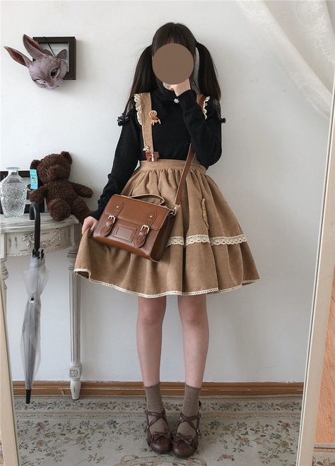 Lolita Kawaii bear in Casual style, corduroy 
women's skirt cute lace belt in style 
Vintage High School Waist Girl Black 
pleated skirt with suspenders Petticoat Outfit Casual, Lace Belt, Kawaii Bear, Outfit Casual, Petticoat, Character Inspiration, Style Vintage, Fashion Inspo Outfits, Women's Skirt