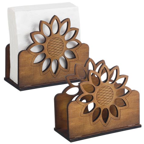 PRICES MAY VARY. Meet Your Needs: this package includes 2 pieces of sunflower napkin holders; You can keep 1 in your dining room and another in your kitchen or gift to someone, meeting most of your functional and gift giving needs Ideal Size: the vintage napkin holder is crafted to fit your needs with dimensions approximately being 5.12 x 5.51 x 2.68 inches/ 13 x 14 x 6.8 cm; It is compact yet spacious enough to hold a significant number of napkins, offering neat organization while taking minima Farmhouse Napkin Holders, Lézervágott Fa, Diy Laser Engraver, Wooden Napkin Holder, Farmhouse Napkins, Wood Napkin Holder, Napkin Dispenser, Countertop Decor, Laser Cut Wood Crafts