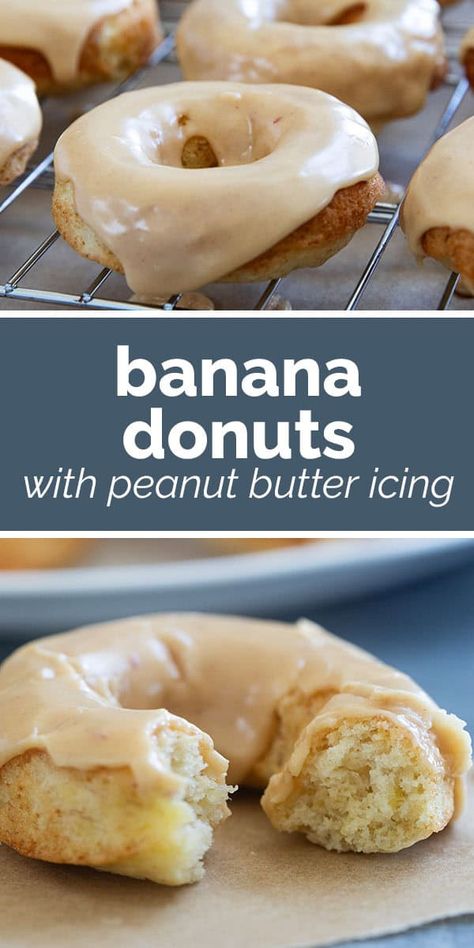 No need to fry - these Banana Donuts with Peanut Butter Icing are baked in the oven! A great use for those overripe bananas, these tender donuts are the perfect snack or special breakfast. Peanut Butter Icing, Coffee Cake Recipes Easy, Special Breakfast, Butter Icing, Overripe Bananas, Bread Appetizers, Doughnut Recipe, Sweet Recipes Desserts, Baked Banana