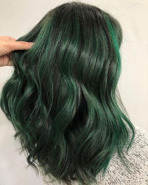 Dark Green Balayage, Black And Dark Green Hair, Green Highlights In Brown Hair, Green Balayage Hair, Coloured Balayage, Dark Green Highlights, Green Balayage, Forest Green Hair, Green Hair Streaks