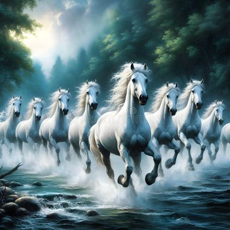 In a wooded river with rocks and trees in the background, white horses run through a group. royalty free stock photo White Horses Running, Horses Running, Wood River, Run Through, Running Horses, White Horses, Ceiling Tiles, Running Water, Background White