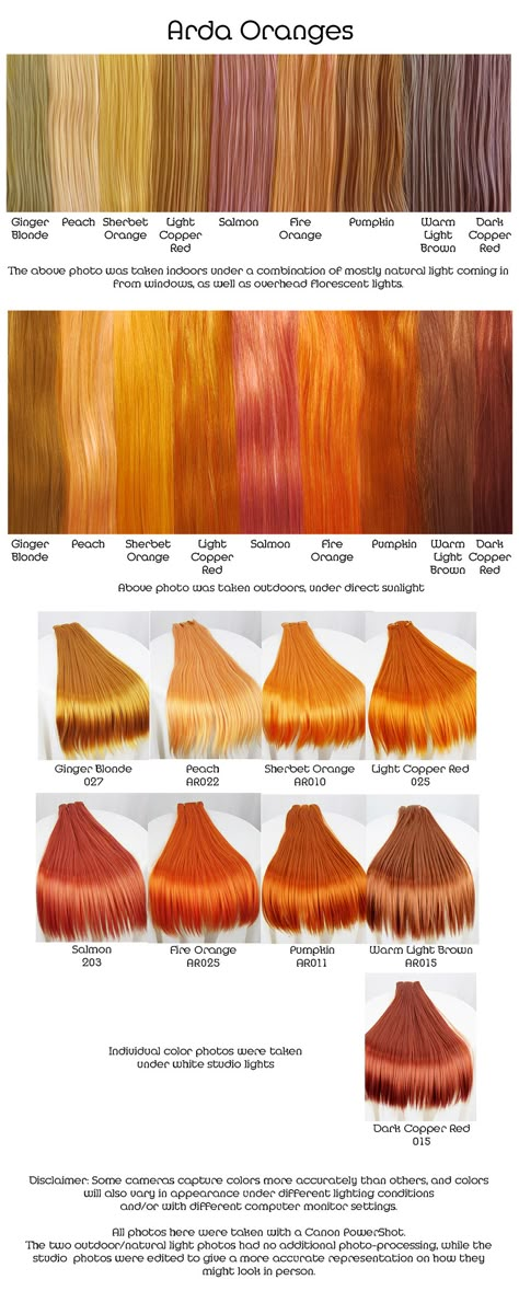 Arda oranges, wig fiber color pallette. Orange Brown Hair Color, Orange Brown Hair, Hair Color Names, Orange Hair Dye, Orange Hair Color, Cheveux Oranges, Hair Color Orange, Hair Color Chart, Brown Hair Color