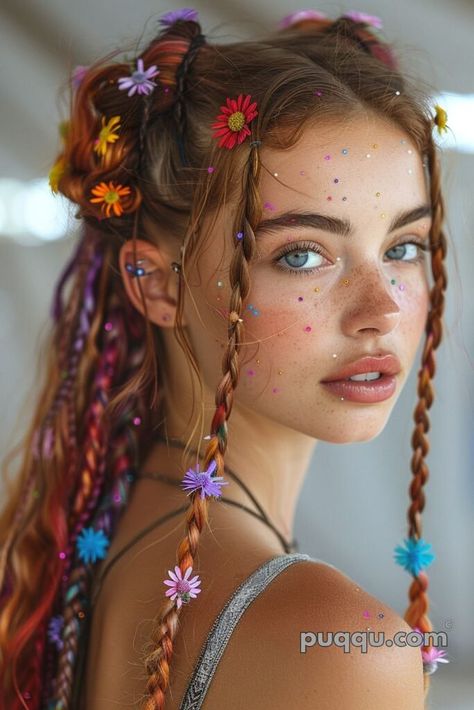 Half Up Half Down Summer Hairstyles, Hair Festival Ideas, Coachella Photoshoot, Fantasy Hair Styles, Pride Hairstyles, Fantasy Hairstyle, Hairstyles Festival, Floral Hairstyles, Boho Hairstyles For Long Hair