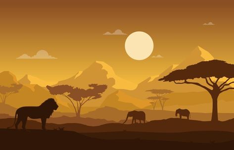 Background Lion King, Savanna Landscape, African Drawings, Africa Painting, Wild Animals Vector, African Savanna, Lion Vector, Kenya Safari, Anime Eye Drawing