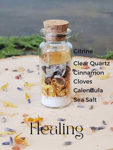 Healing spell jar photo with labels of what is inside- Citrine, clear quartz, Cinnamon, cloves, calendula, sea salt Healing Jar Witchcraft, Spell Jar Gift Ideas, Serenity Spell Jar, Peaceful Home Spell Jar, Solar Eclipse Spell Jar, Transformation Spell Jar, Witch Bottle Spells, Mini Spell Jar Necklace, Spell Jars Witchcraft Aesthetic