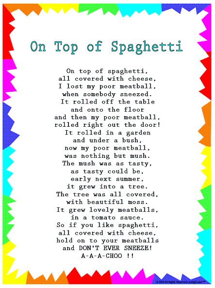 Silly Songs: Lyrics for "On Top of Spaghetti" with a Learn Along Video Nursery School Classroom, Baby Room Nursery School, Nursery Rhymes Lyrics, Circle Time Songs, Camp Songs, Kindergarten Songs, Classroom Songs, Songs For Toddlers, Nursery Songs