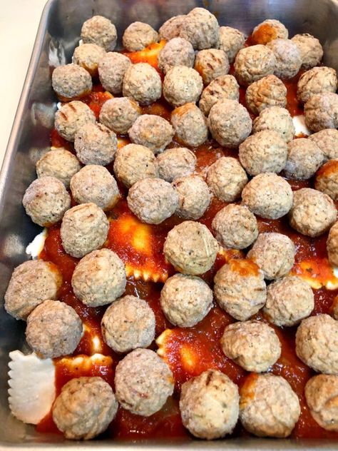 Frozen Meatball Layer Ravioli Lasagna With Meatballs, Recipes With Frozen Meatballs Main Dishes, Ravioli And Meatball Casserole, Ravioli With Meatballs, Baked Ravioli And Meatballs, Frozen Ravioli And Meatball Bake, Ravioli Meatball Bake, Meatball Ravioli Casserole, Meatball Ideas Frozen