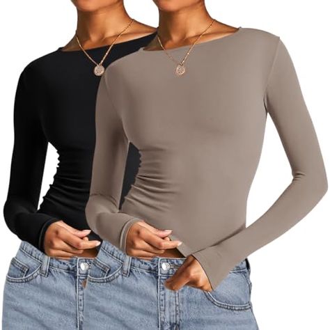 Womens Tight Shirts, Cheap Seamless Long Sleeve Tops, Cheap Amazon Tops For Day Out, Long Sleeve Crop Top Shirts, Flattering Long Sleeve Shirt, Fitted Long Sleeve Tshirt, Scoop Neck Long Sleeve Shirt, Undershirts Women Long Sleeve, Longs Sleeve Shirts