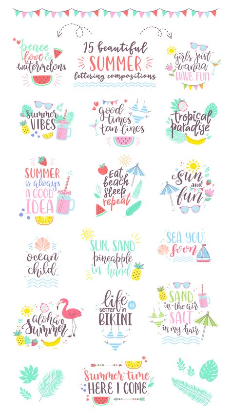 Summer Lettering Design, Summer Journal Stickers, Summer Vibes Quotes, Summer Illustration Design, Summer Illustration Art, Tropical Quotes, Summer Shirt Design, Summer Lettering, Summer Calligraphy