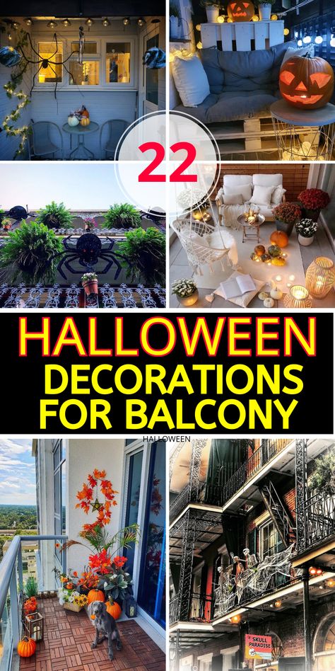 26 Halloween Door Decorations: Transform Your Home with These Spooky and Fun Ideas! Halloween Awning Decor, Small Space Halloween Decor, Fall Balcony Ideas, Halloween Apartment Decor Balcony, Apartment Porch Halloween Decorations, Apartment Patio Halloween Decor, Halloween Deck Decorations, Apartment Halloween Decor Outdoor, Halloween Balcony Decorations