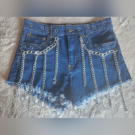 New Shorts With Tag, Never Worn, Cute Frayed Little Daisy Duke's With Chains In Front. Size Medium. Waist 14" Rise 11" Daisy Shorts, Daisy Dukes, Biker Shorts, Jean Shorts, Daisy, Color Blue, Size Medium, Womens Shorts, Women Shopping