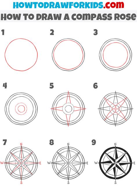 Compass Rose Art, Compass Embroidery, Draw Objects, Compass Drawing, Draw Doodles, Compass Art, Map Sketch, Map Compass, Wind Rose