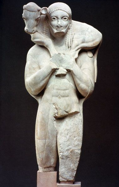 [Unknown, Calf-bearer, ca. 560 BCE, marble, archaic art] a.ka Moschophoros, this sculpture presents three features of the archaic period including a more naturalistic form (evolution in style from canonical proportions of Egyptian art), a level of pattern in design (the calf’s legs joined with the moschophoro’s arms, harmonious unity) (Biers 212) and the most distinct of all, the archaic smile. Discovered at the Athenian Acropolis, this statue is now present in the Acropolis museum, Athens. Art A Level, Archaic Greece, Acropolis Museum, Classic Sculpture, The Acropolis, Ancient Greek Art, Ancient Statues, History Class, Greek Art