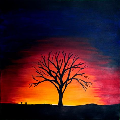 Tree silhouette and sunset background                                                                                                                                                                                 More Tree And Sunset Painting, Silhouette Tree Painting, Sunset Tree Silhouette Painting, Sky And Tree Painting, Oil Pastel Silhouette, Sunset Background Drawing, Tree Shadow Painting, Tree Sunset Painting, Tree Silhouette Painting