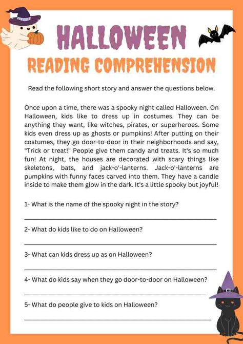 Halloween Reading Comprehension Worksheet Reading Comprehension For Elementary, Fall Reading Comprehension Worksheets, Fun Reading Comprehension Activities, Esl Halloween Worksheets, Halloween Exercises For Kids, Halloween Exercises, Halloween English Activities, Grade 4 Reading Comprehension Worksheets, Halloween Reading Activities