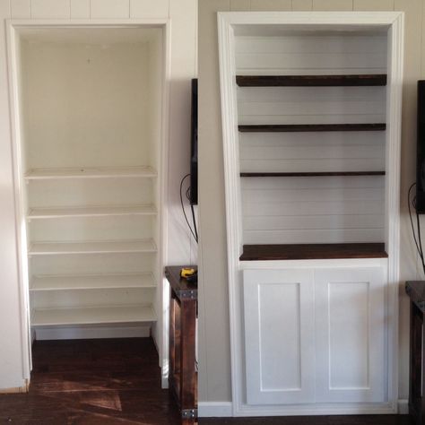 Drab awkward closet space turned into beautiful built-in bookshelf Closet Turned Bookshelf Built Ins, Closet Turned Into Bookshelf, Closet Turned Into Shelves Built Ins, Closet Turned Bookshelf, Turn Closet Into Bookshelves, Closet To Bookshelf Convert, Closet To Bookshelf, Bookshelf In Closet Ideas, Closet Into Bookshelves