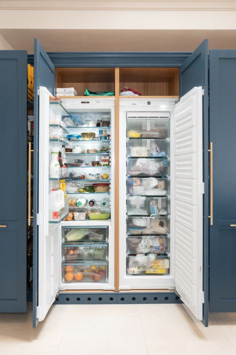 Built In Fridge Freezer, Large Fridge Freezer, Fridge Design, Kitchen Appliance Storage, Large Fridge, Open Plan Kitchen Dining, Kitchen Fridges, Integrated Fridge Freezer, Kitchen Redesign