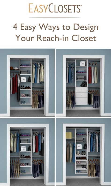 Maximize your space with these four easy and effective ways to configure a reach-in closet. Ideas Armario, Organiser Son Dressing, Closet Small Bedroom, Closet Redo, Closet Diy, Reach In Closet, Closet Layout, Small Closets, Closet Remodel