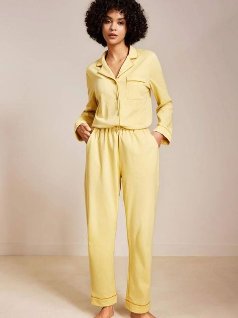 LUVLETTE Cotton Pajama Set | SHEIN Yellow Pajamas, Sleepwear Women Pajamas, Cotton Pajama Sets, Contrast Piping, Fashion Gallery, Cotton Pyjamas, Pajama Set Women, Men's Beauty, Pajama Sets