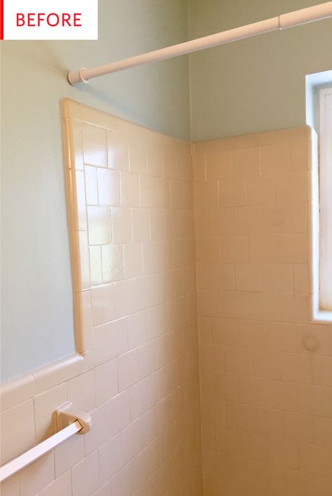 All Tiled Small Bathroom, Small Bathroom Painted Tiles, Renter Shower Makeover, Vintage Tile Bathroom Update, Yellow Tile Bathroom Makeover, Rental Makeover Before After, Covering Old Tile Bathroom, Vintage Beige Tile Bathroom, Bath Fitters Before And After