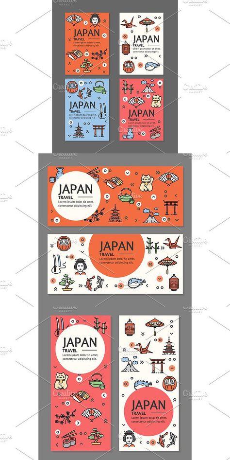 Japan Travel Flyers Banners Set.. Travel Infographics Japan Brochure Design, Japan Travel Brochure, Japan Brochure, Editorial Layout Inspiration, Japan For Kids, Travel Brochure Design, Brochure Infographic, Sushi Box, Tourism Design