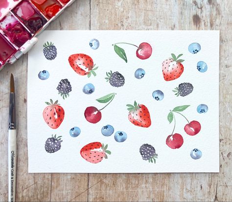 Learn to paint simple loose watercolour summer berries and how to create a perfect pattern with my new tutorial. Click the link to watch! #watercolor #fruit #berries #painting #pattern Basic Pattern Making, Strawberry Watercolor, Basic Pattern, Watercolor Fruit, Summer Painting, Keramik Design, Simple Summer, Watercolor Paintings Easy, Summer Berries