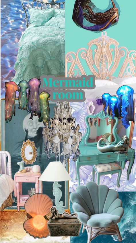 Mermaid Interior Design, Mermaid Room Aesthetic, Ocean Inspired Bedroom, Princess Decor, Mermaid Bedroom, Princess Decorations, Mermaid Room, Inspired Bedroom, Mermaid Inspired