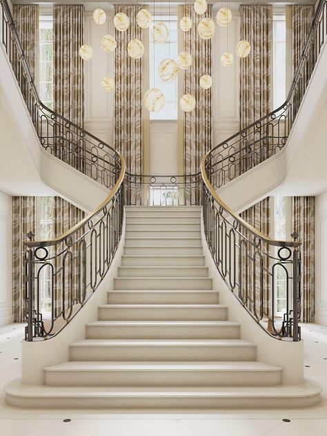 Two Stairs Entrance, Grand Marble Staircase, Grand Stairs Design, Stately Home Staircase, Grand Staircase Entrance Luxury Mansions, Big Staircase Grand Entrance, Old Money Staircase, Staircase Design Modern Luxury Homes, Double Staircase Entrance