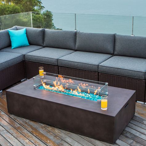 Stay warm and cozy in your outdoor space with the COSIEST Outdoor Patio Propane Rectangular Fire Pit Table. The elegant stacked concrete-like mantle appearance adds a sophisticated touch, while the 50000 BTUs of heat provide ample warmth. Fire Pit Table Top, Outdoor Propane Fire Pit, Rectangular Fire Pit, Fire Pit Sets, Propane Fire Pit Table, Outdoor Paradise, Purple Fire, Propane Fire Pit, Fire Bowls