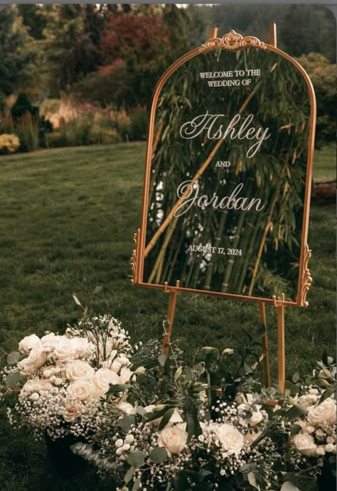 Entrance Signs For Wedding, Mirror On Easel Wedding, Elegant Garden Wedding Decor, Vintage Wedding Mirror Sign, Brass Mirror Wedding Sign, Enchanted Forest Wedding Welcome Sign, Pretty Wedding Decor, Wedding Reception Welcome Sign Mirror, Mirror Easel Wedding