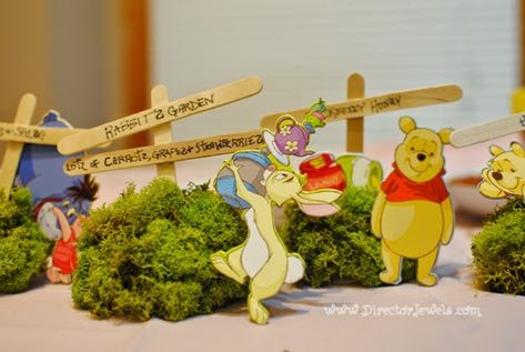 Director Jewels: DIY Winnie the Pooh Birthday Party Garden Marker Food Signs Winnie The Pooh Table Centerpiece, Diy Winnie The Pooh, Birthday Party Garden, Pooh Bebe, Winnie The Pooh Birthday Party, Pooh Birthday Party, Pooh Party, Winnie The Pooh Themes, Garden Marker