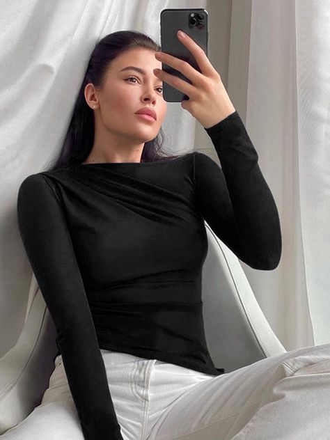 Long Sleeve Top White T-Shirts Women Basic Crop Top Autumn Pollover Solid Skew Neck T Shirt Y2k Tees, Crop Top Autumn, Elegant Crop Top, Bauchfreies Top, Womens Basic Tops, Basic Crop Top, Fall Pullover, How To Fold Sleeves, White Top Women