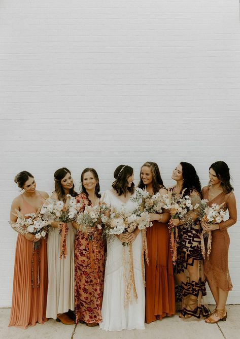 Orange Bridesmaid Dresses Mismatched, Boho Outdoor Wedding, Patterned Bridesmaid, Burnt Orange Bridesmaid Dresses, Patterned Bridesmaid Dresses, Bohemian Bridesmaid, Rust Bridesmaid Dress, Fall Bridesmaids, Orange Bridesmaid Dresses