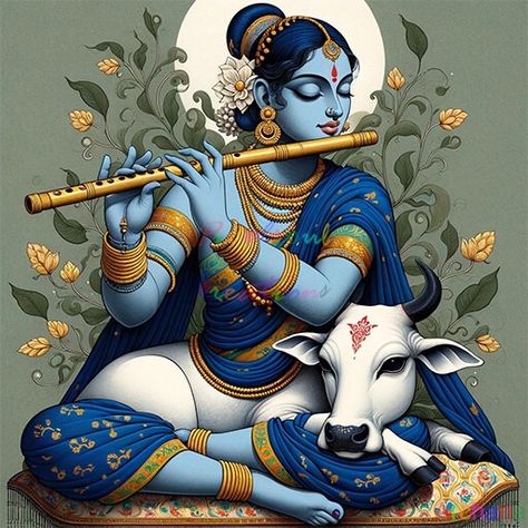 Artist Archana Mishra - Mystic Melody: Radha Rani's Serene Devotion with Cow and Flute Holi Painting, Krishna Radha Painting, Radha Rani, Cute Paintings, Radha Krishna Art, Krishna Painting, Indian Gods, Krishna Art, Egyptian Art