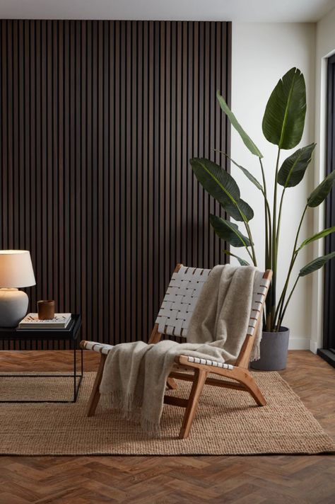 Natural Oak Acoustic Slat Wood Wall Panels, Oak Veneer Wall Panelling, Dark Brown Paneling Wood Walls, Dark Wood Slat Wall, Dark Wood Paneling Walls Living Room, Acoustical Panels Wall, Dark Slat Wall, Brown Slat Wall, Wood Panel Walls Living Room