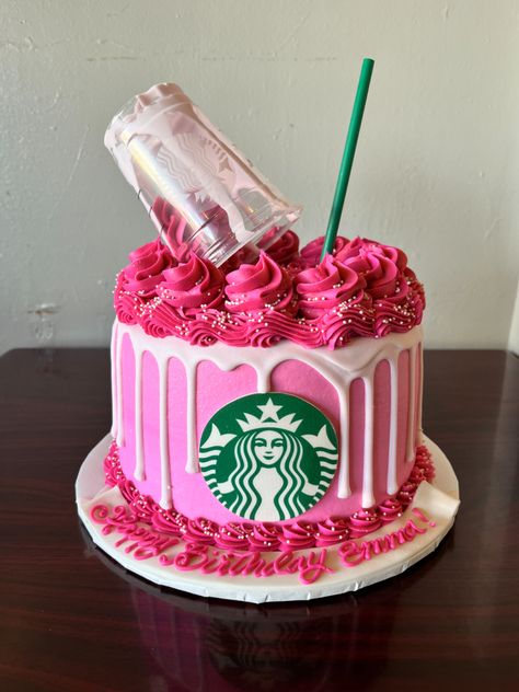 Pink Starbucks Cake, Birthday Cakes For 11 Year Girl, Pink Drink Cake, 14th Birthday Cakes Girl, Starbucks Cakes Birthday Ideas, Pink 50th Birthday Cake, Teenage Girl Birthday Cakes, Teen Cake Ideas, 40th Birthday Cake Ideas For Women