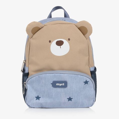 Blue and beige backpack for little girls and boys by Mayoral, ideal for carrying small essentials. It has a lovely all-over star pattern and cute teddy bear features, with a logo badge on the front. Made in soft and durable canvas, it has two zip-fastening compartments, mesh side pockets, padded adjustable shoulder straps, and a small carry handle. There is a clear card holder on the back, ideal for a name badge. Boys Backpack, Kawaii Blue Travel Backpack, Baby School Bags, Blue Cartoon Style Backpack Bag, Casual School Bag With Bear Design, Cute Cheap Bags With Bear Design, Beige Backpacks, Baby Lux, Baby Backpack