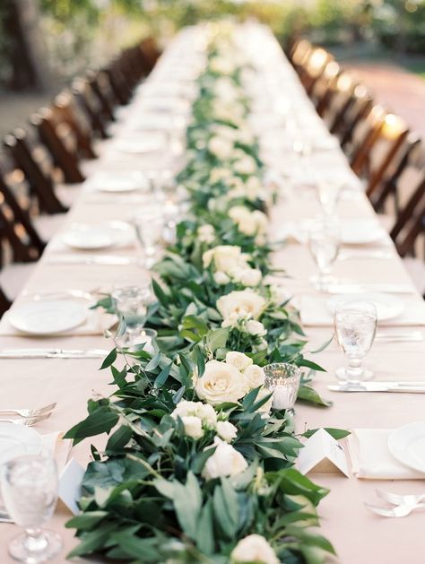 Garland Table Runner, Long Table Wedding, Vintage Wedding Table, Table Garland, White Roses Wedding, Flowers And Greenery, Green Garland, Diy Socks, Inexpensive Wedding