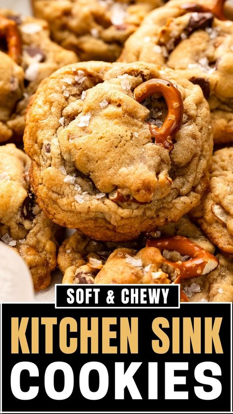 These Kitchen Sink Cookies are thick, ultra-soft, chewy & overflowing with delicious sweet and salty mix-ins! This recipe uses simple ingredients, it's so easy to make   the dough freeze well and cookies make the best edible gifts! Kitchen Sink Cookies Recipe, Freezable Cookies, Cookie Swap Recipes, Sink Cookies, Cowboy Cookie Recipe, German Chocolate Cookies, Kitchen Sink Cookies, Salty Sweet Snacks, Salty Cookies