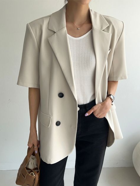 Casual Blazers Women, Office Blazers For Women, Short Sleeve Blazer Outfit, Oversized Denim Jacket Outfit, Blazer E Short, Outfit Mit Blazer, Blazer Outfits Casual, Summer Blazer, Denim Jacket Outfit