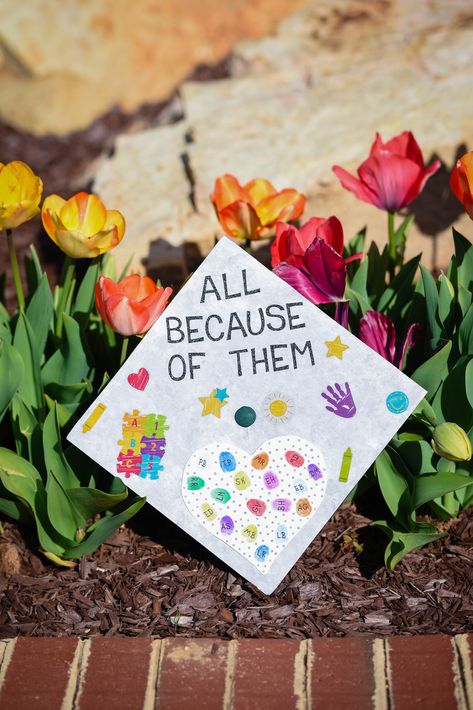 Early Childhood Education Caps Graduation, Early Childhood Education Cap Ideas, Graduation Cap Designs Early Childhood, Aba Graduation Cap Decoration, Aba Cap Decoration, Ece Graduation Cap Ideas, Early Education Graduation Cap, Special Education Caps Graduation, Disney Teacher Graduation Cap