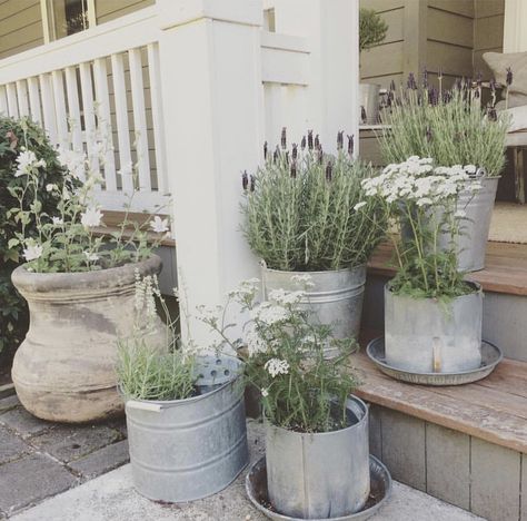 A blog about farmhouse style design, country living, home decorating, family and parties. Moderne Have, Metal Buckets, Farmhouse Front Porches, Farmhouse Porch, Farmhouse Front, Front Porch Decorating, Garden Stuff, Country Farmhouse Decor, Flower Planters