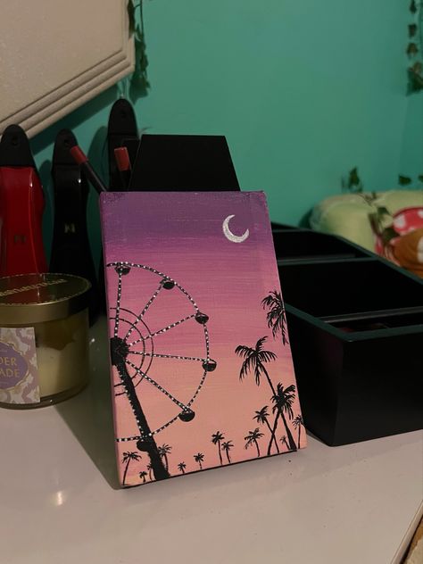 Acrylic painting of a Ferris Wheel and Palm Trees silhouette at sunset Canvas Art Painting Abstract, Acrylic Painting Inspiration, Sky Art Painting, Simple Canvas Paintings, Canvas Painting Tutorials, Cute Canvas Paintings, Easy Canvas Art, Soyut Sanat Tabloları, Canvas Painting Designs