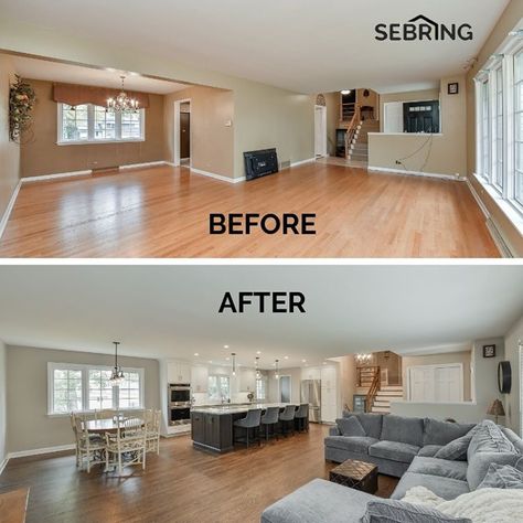 BEFORE & AFTER: We remodeled this kitchen and living room by opening up the space and turning it into one room. An open floor plan… Open Floor Plan Living Room And Kitchen Remodel, Open Up Kitchen To Living Room Before And After, Open Plan Kitchen And Living Room Ideas, Remodeled Living Rooms Before After, Wall Removed Between Kitchen And Dining, Small Split Level Kitchen Remodel, Open Floor Plan Living Room And Kitchen Mobile Home, Diy Open Floor Plan Before And After, Opening Up Floor Plan Before And After