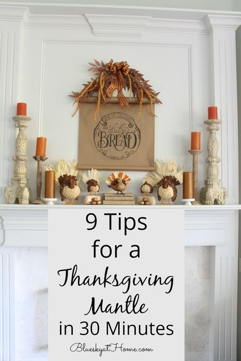 9 TIps for a Thanksgiving Mantle Joanna Gaines Thanksgiving, Thanksgiving Mantle Decor, Thanksgiving Fireplace, Thanksgiving Mantle, Thanksgiving Pictures, Tall Candlesticks, Fall Mantle, Metal Pumpkins, Orange Candle